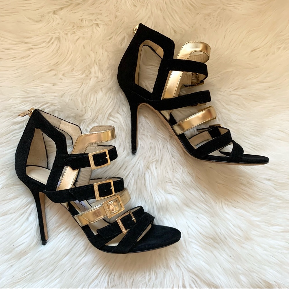 JIMMY CHOO Logo Bronx Strappy Suede Leather Heels - Picture 9 of 15